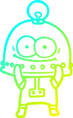 Bir insan tarafından çizilmiş ampullü mutlu bir robot çizimi.