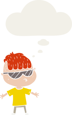 Düşünce baloncuklu güneş gözlüğü takan çizgi film çocuğu bir insan tarafından çizilmiş.