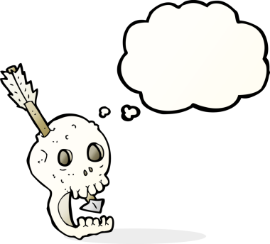 Bir insan tarafından çizilmiş düşünce baloncuklu komik kafatası ve ok.