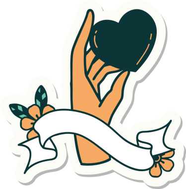 Dövme stili çıkartma. Bir insan tarafından çizilmiş bir kalbi tutan el yazısı.