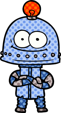 Bir insan tarafından çizilmiş ampullü mutlu karton robot.