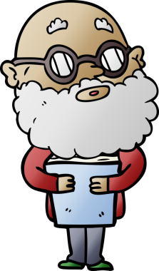 Bir insan tarafından çizilmiş sakallı ve gözlüklü meraklı bir adam.