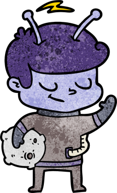 Bir insan tarafından çizilmiş meteor tutan dost canlısı çizgi film uzay adamı.