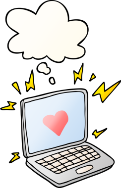 Düşünce baloncuklu internet randevu karikatürü bir insan tarafından çizilmiş.