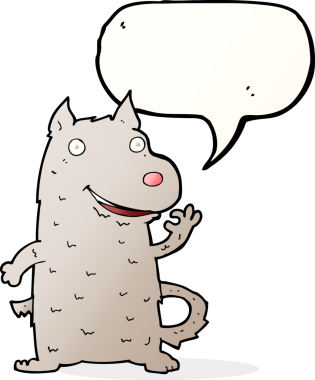 bir insan tarafından çizilmiş konuşma balonlu mutlu bir köpek.