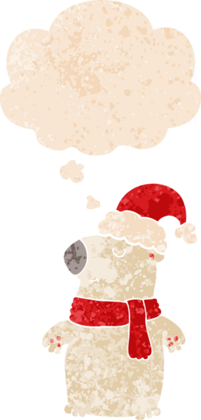 Hoş bir çizgi film Noel ayısı. Düşünce baloncuğu, grunge 'da sıkıntılı retro tarzı bir insan tarafından çizilmiş.