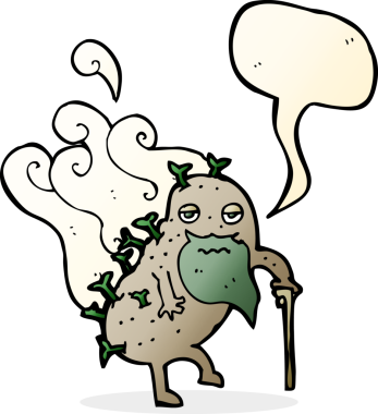 Bir insan tarafından çizilmiş konuşma balonlu yaşlı patates çizgi filmi.