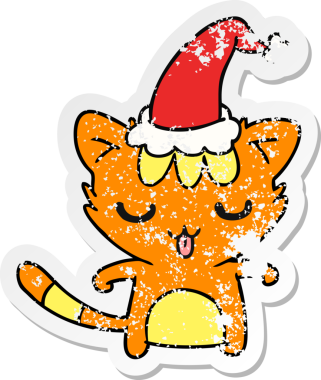 Bir insan tarafından çizilmiş kawaii kedisinin sıkıntılı yılbaşı çıkartması.