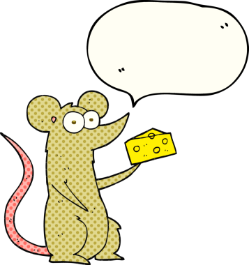 Bir insan tarafından çizilmiş peynirli çizgi roman konuşma balonu faresi.