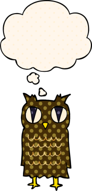 Bir insan tarafından çizilmiş çizgi roman tarzında düşünce baloncuğu olan çizgi film baykuşu