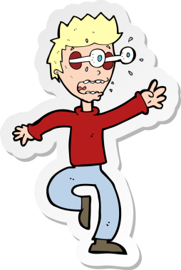 Karikatür çıkartması. Bir insan tarafından çizilmiş gözleri olan korkmuş bir adam.