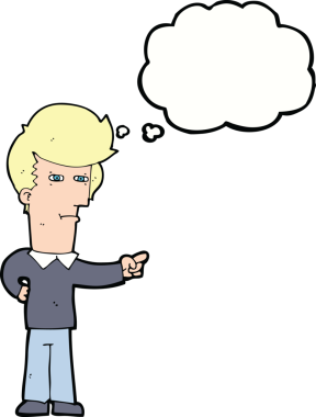 Bir insan tarafından çizilen düşünce baloncuğuyla işaret eden çizgi film adamı.