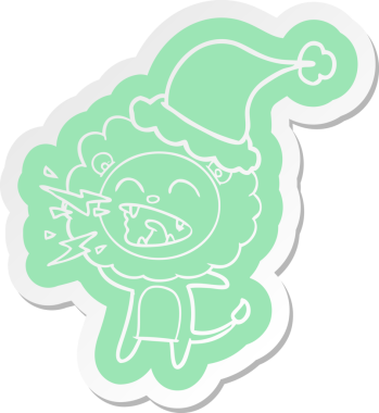 Bir insan tarafından çizilmiş Noel Baba şapkası giyen kükreyen bir aslanın garip çizgi film çıkartması.