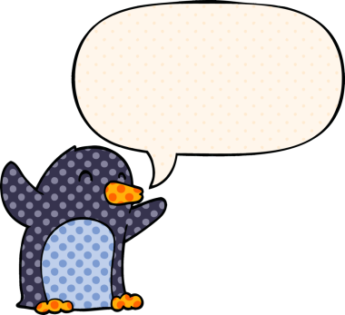 Çizgi roman tarzında bir insan tarafından çizilmiş konuşma baloncuğu olan penguen heyecanlıydı.