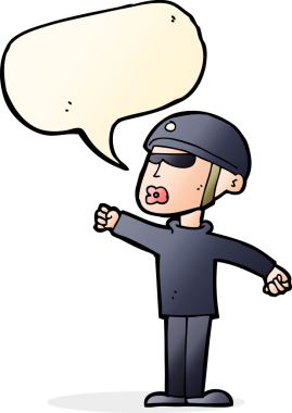 Bir insan tarafından çizilmiş konuşma balonu olan çizgi film güvenlik elemanı.