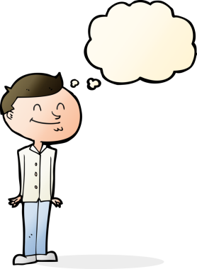 Bir insan tarafından çizilmiş düşünce balonlu gülümseyen adam.