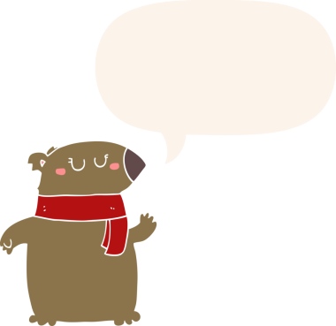 Bir insan tarafından çizilmiş, konuşma baloncuklu eşarplı çizgi film ayısı.