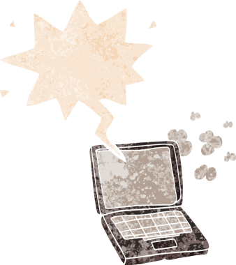 grunge içerisindeki konuşma baloncuklu çizgi film dizüstü bilgisayarı bir insan tarafından çizilmiş gerilimli retro desen tarzı