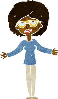 Bir insan tarafından çizilmiş gözlüklü bir karikatür kadın.