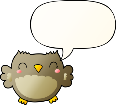 Bir insan tarafından çizilmiş yumuşak eğimli konuşma baloncuğu olan sevimli çizgi film baykuşu