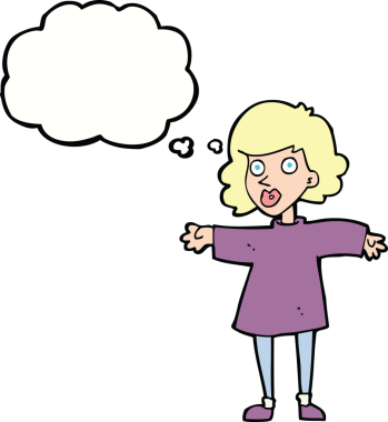 Bir insan tarafından çizilmiş düşünce kabarcığı olan karikatürlü sinirli kadın.