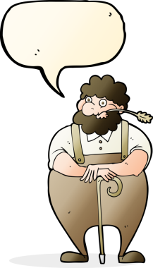 Çizgi film çiftçisi bir insan tarafından çizilmiş konuşma balonuyla bastona yaslanıyor.