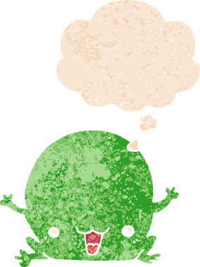 Düşünce baloncuğu ile çizgi film kurbağası grunge sıkıntılı retro dokuma tarzı bir insan tarafından çizilmiş