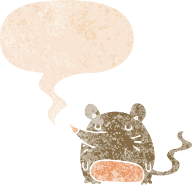 grunge 'da konuşma baloncuğu olan çizgi film faresi bir insan tarafından çizilmiş gerilimli retro desenli