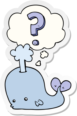 Düşünce baloncuklu karikatür meraklısı balina insan tarafından çizilmiş bir çıkartma.