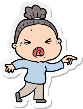 Bir insan tarafından çizilmiş kızgın yaşlı bir kadının çıkartması.