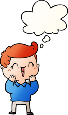 Düşünce baloncuğu olan, bir insan tarafından çizilmiş çizgi film çocuğu.