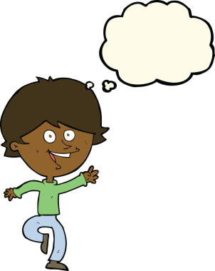 Bir insan tarafından çizilmiş düşünce baloncuğu olan mutlu, el sallayan çocuk.