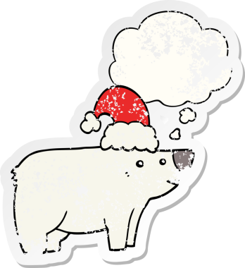 Düşünce baloncuklu Noel şapkası takan çizgi film ayısı insan tarafından çizilmiş yıpranmış bir çıkartma.