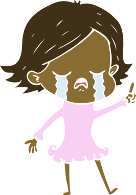 Bir insan tarafından çizilmiş düz renkli çizgi film kızı ağlıyor.