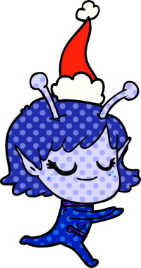 gülümseyen uzaylı kız el çizimi çizgi roman tarzı Noel Baba şapkası giyen bir insan tarafından çizilmiş.