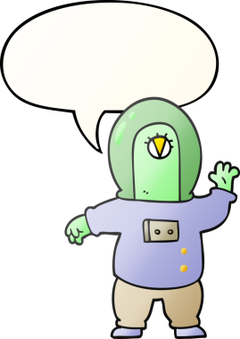 bir insan tarafından çizilmiş düzgün eğimli konuşma baloncuğu olan uzay yaratığı çizgi filmi.