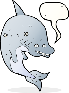 Bir insan tarafından çizilmiş konuşma baloncuklu çizgi film köpekbalığı.