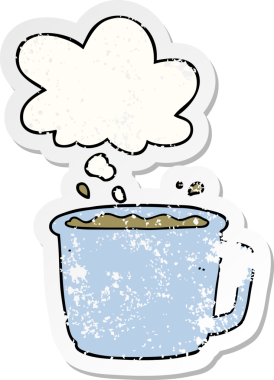 Düşünce baloncuklu çizgi film kahve fincanı insan tarafından çizilmiş yıpranmış bir çıkartma gibi.