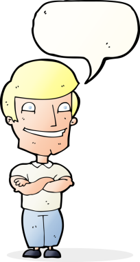 Bir insan tarafından çizilmiş konuşma balonuyla sırıtan çizgi film adamı.