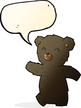 Bir insan tarafından çizilmiş konuşma balonu olan sevimli çizgi film kara ayısı.