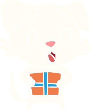 Gülen yassı renkli çizgi film köpeği ve bir insan tarafından çizilmiş Noel hediyesi.