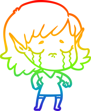 Gökkuşağı gradyan çizgi çizimi Bir insan tarafından çizilmiş ağlayan elf kızı