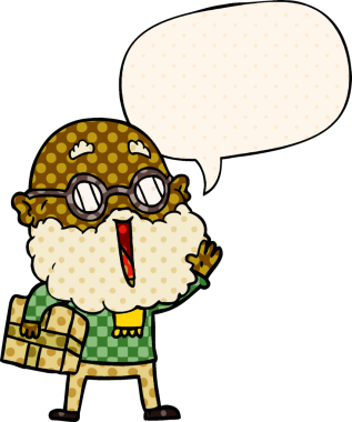 Çizgi roman tarzında konuşan, sakallı ve kolunun altında bir insan tarafından çizilmiş neşeli bir adam.