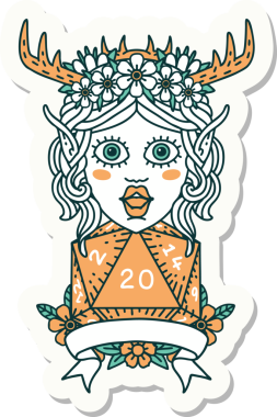 Bir insan tarafından çizilmiş doğal 20 zarlı Elf Druid karakterinin çıkartması.