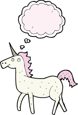 Bir insan tarafından çizilmiş düşünce baloncuklu tek boynuzlu at.