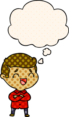 Çizgi roman tarzında bir insan tarafından çizilmiş düşünce balonlu gülen adam.