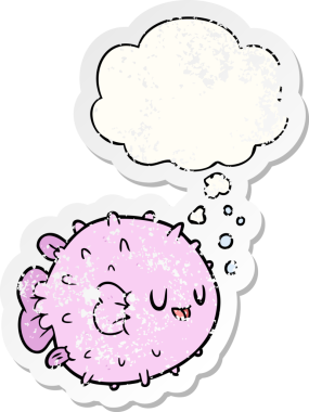 Düşünce baloncuklu balon balığı insan tarafından çizilmiş yıpranmış bir çıkartma.