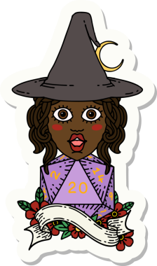 Bir insan büyücüsünün çıkartması. Bir insan tarafından çizilmiş 20 D20 zarlı.