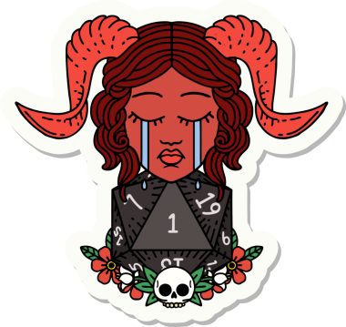 Ağlayan bağlayıcı bir karakterin çıkartması. Bir insan tarafından çizilmiş doğal bir D20 zarlı.