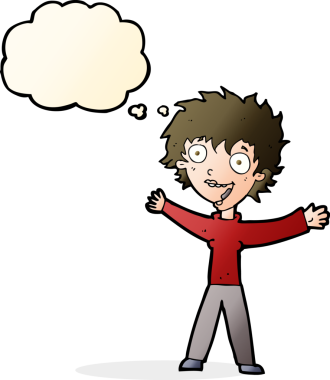 Bir insan tarafından çizilmiş düşünce baloncuğu olan heyecanlı bir kadın.